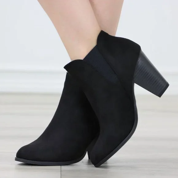 Womens Ankle Boots High Heel Black Elastic Gore Synthetic Suede Round Toe - Picture 5 of 11